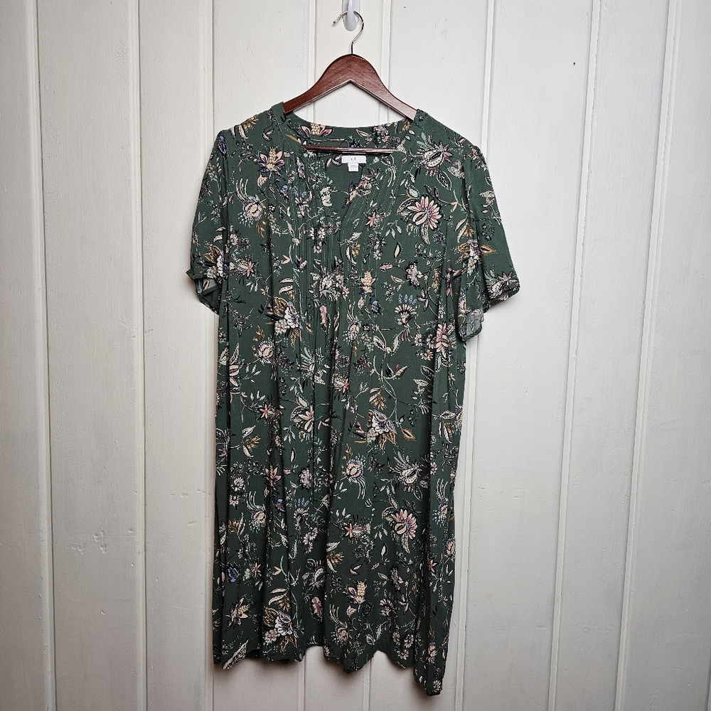 J. Jill Green Floral Flutter Sleeve Pintuck Mini Dress Sz Large Cottage Core